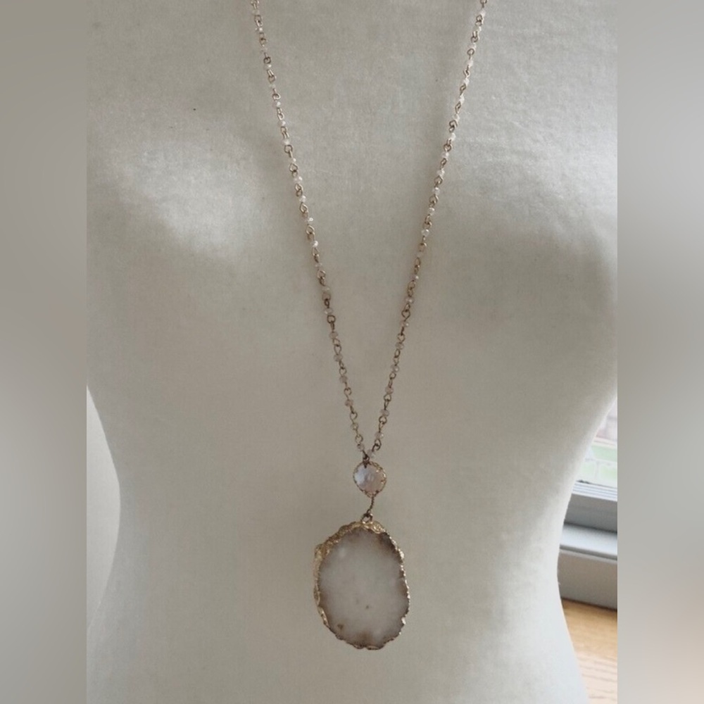 GOLD Keshi PEARL White Agate Slice BOHO Necklace Glass Beaded MERMAIDCORE NEW!